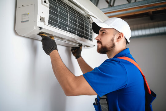 HVAC technician installing a mini split air conditioner in Millbrae