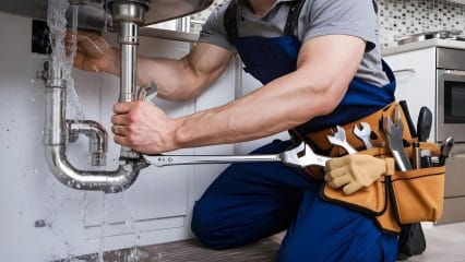 Plumber repairing pipes beneath a sink in Millbrae